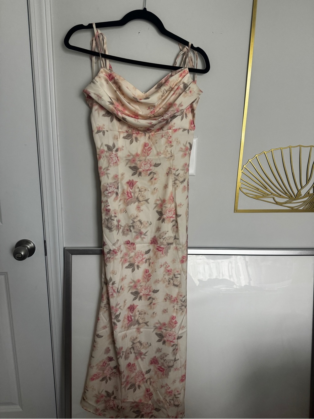 Cream Floral Cowl Neck Maxi Dress with Pink Roses